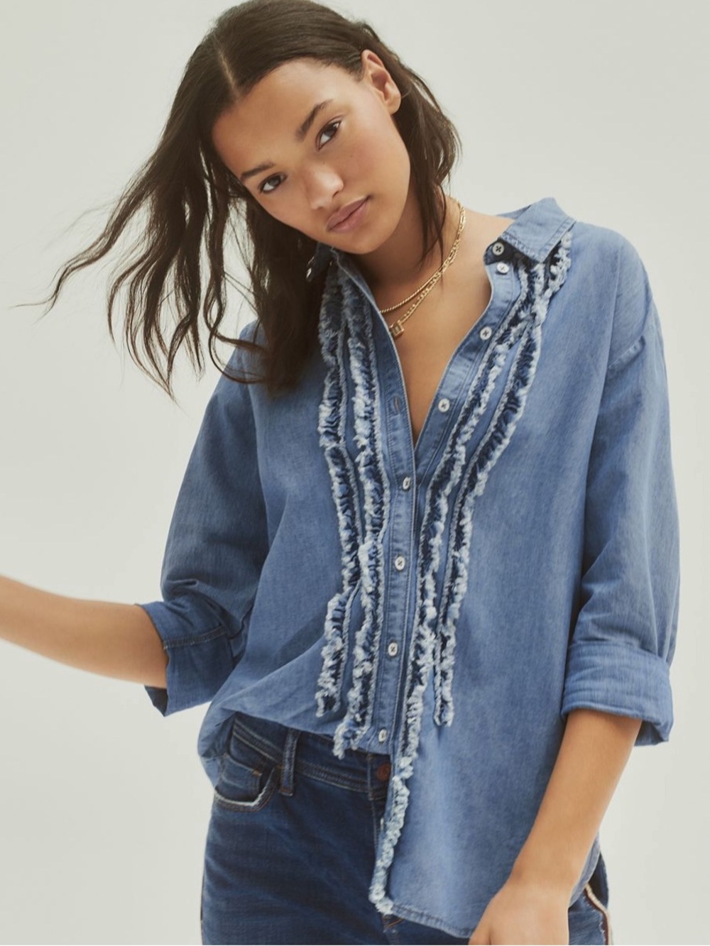 Anthropologie Pilcro Juni Ruffled Denim Buttondown - Size S - NWOT